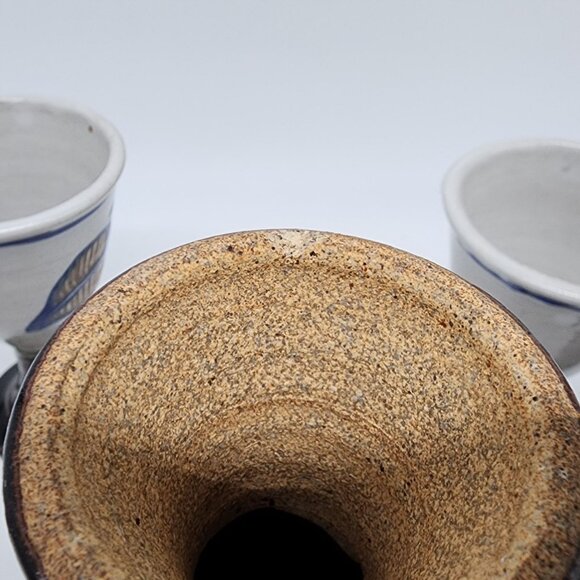 Studio Pottery Decanter and 4 Cups Blue Flowers Backstamped Fish VTG - Picture 10 of 11